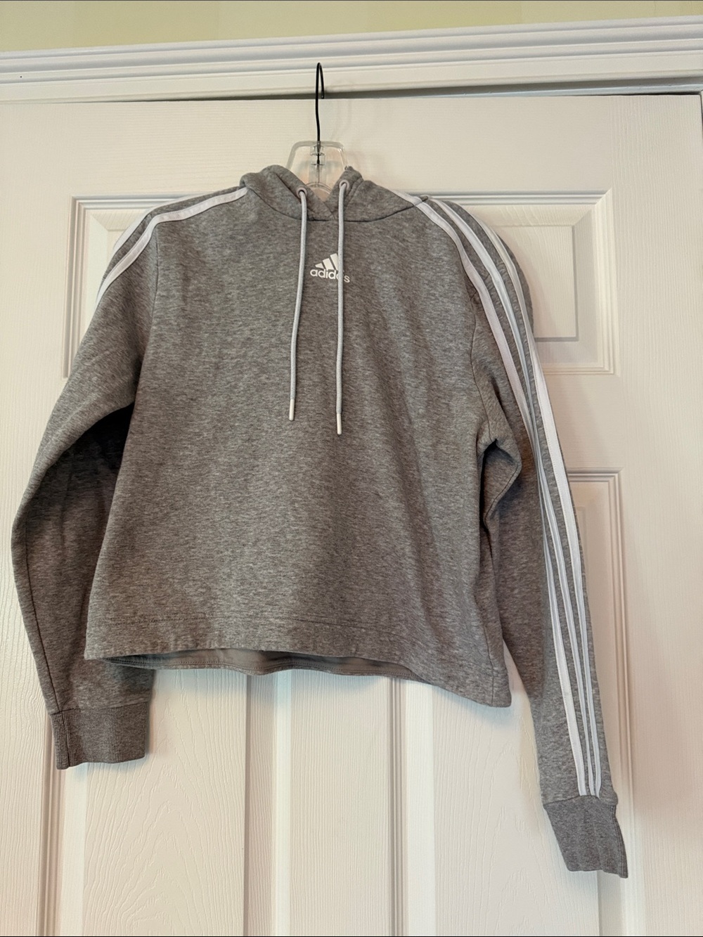 adidas Gray Cropped Hoodie with Three-Stripe Sleeves